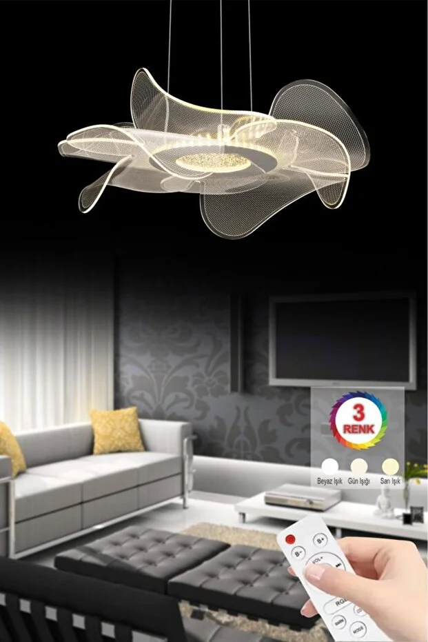 Nergis Gümüş Kumandalı Lüx Led Modern Ledli Avize